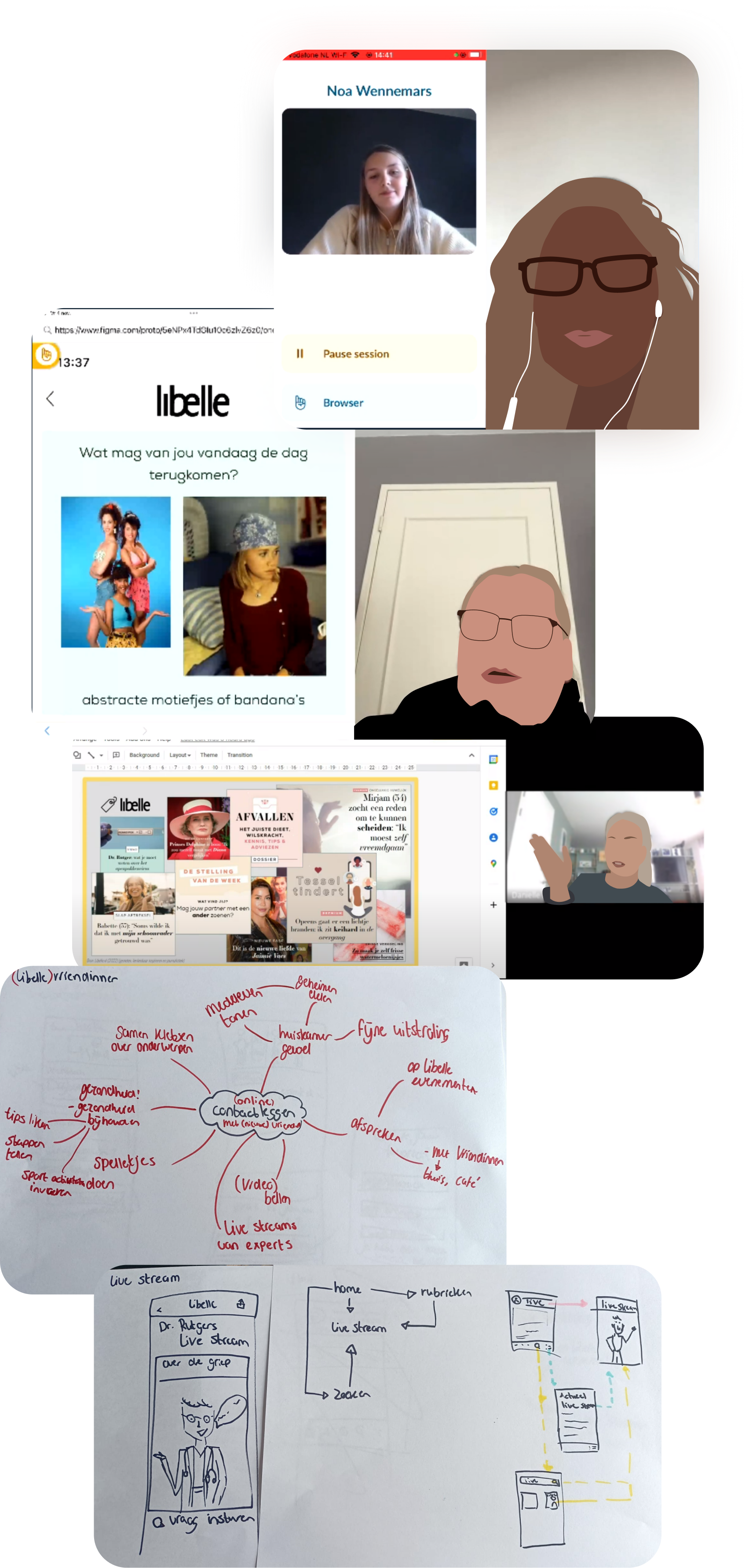 pictures from interviews, ideation and sketches of the screens